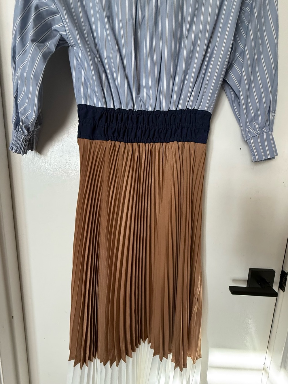 Anthropologie Striped Blue Shirt Top, Navy Waist, Camel & White pleat skirt - Picture 7 of 8